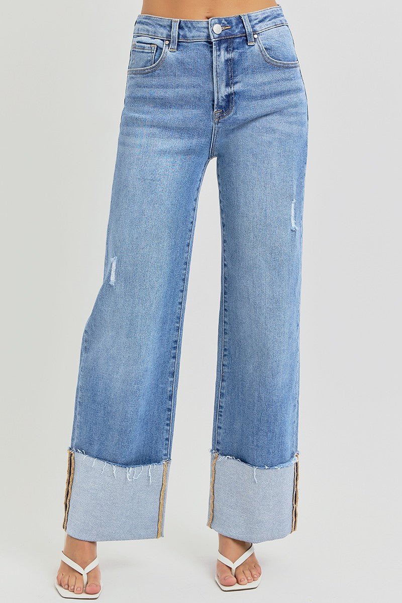 High Rise Ankle Wide Cuffed Jeans - Medium Wash - BAY WINDOW