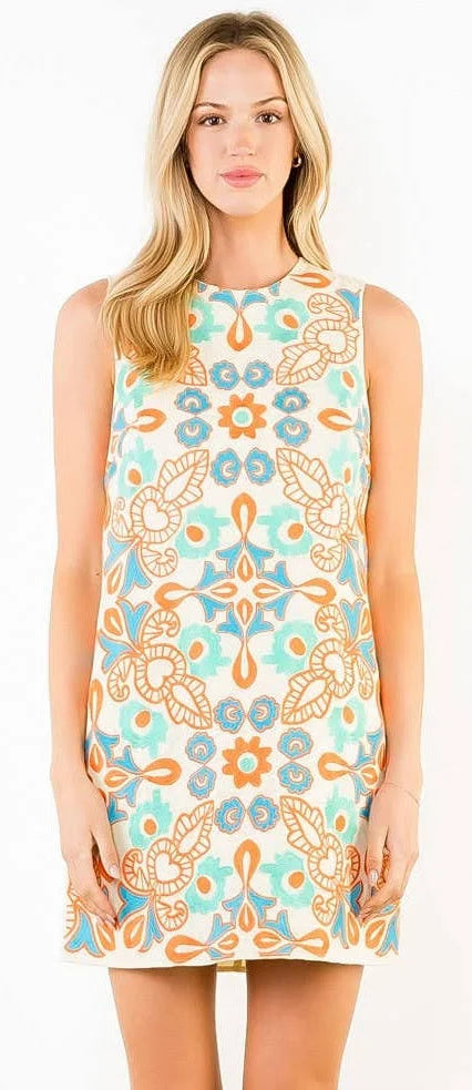 Sleeveless Floral Embroidery Detail Dress - Coral JH2419