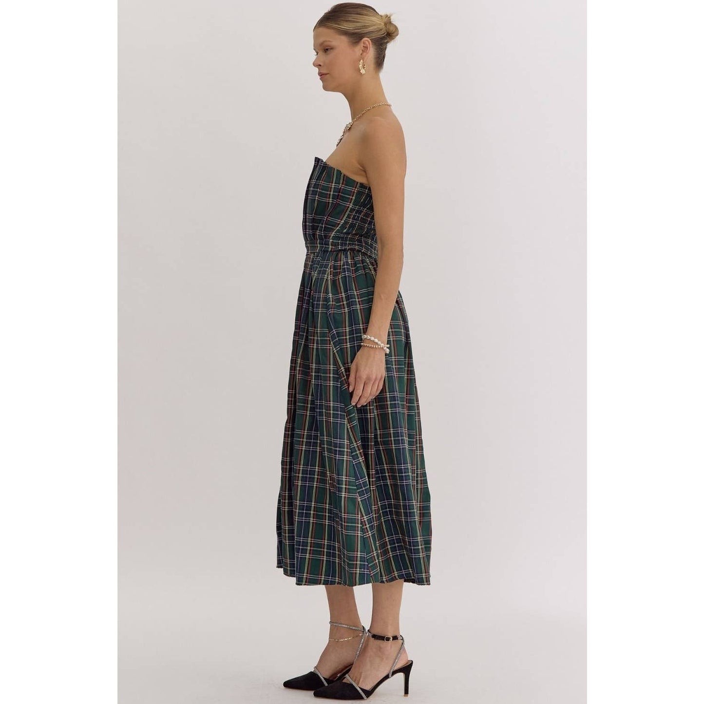 Plaid Strapless Midi Dress - BAY WINDOW