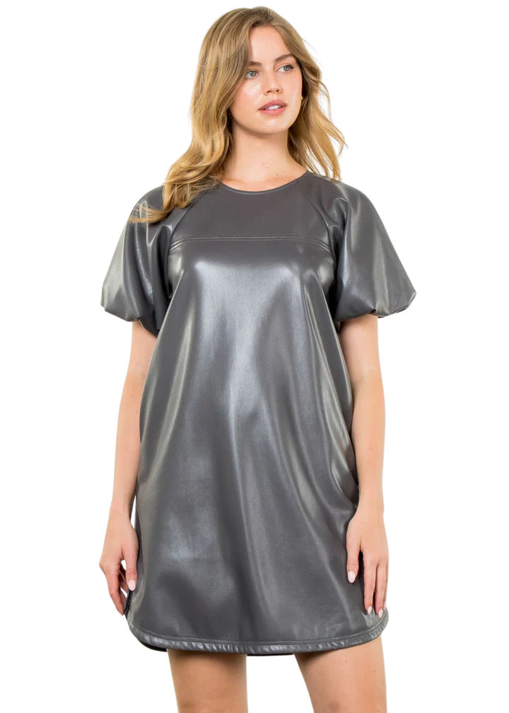 Puff Sleeve Leather Midi Dress - BAY WINDOW