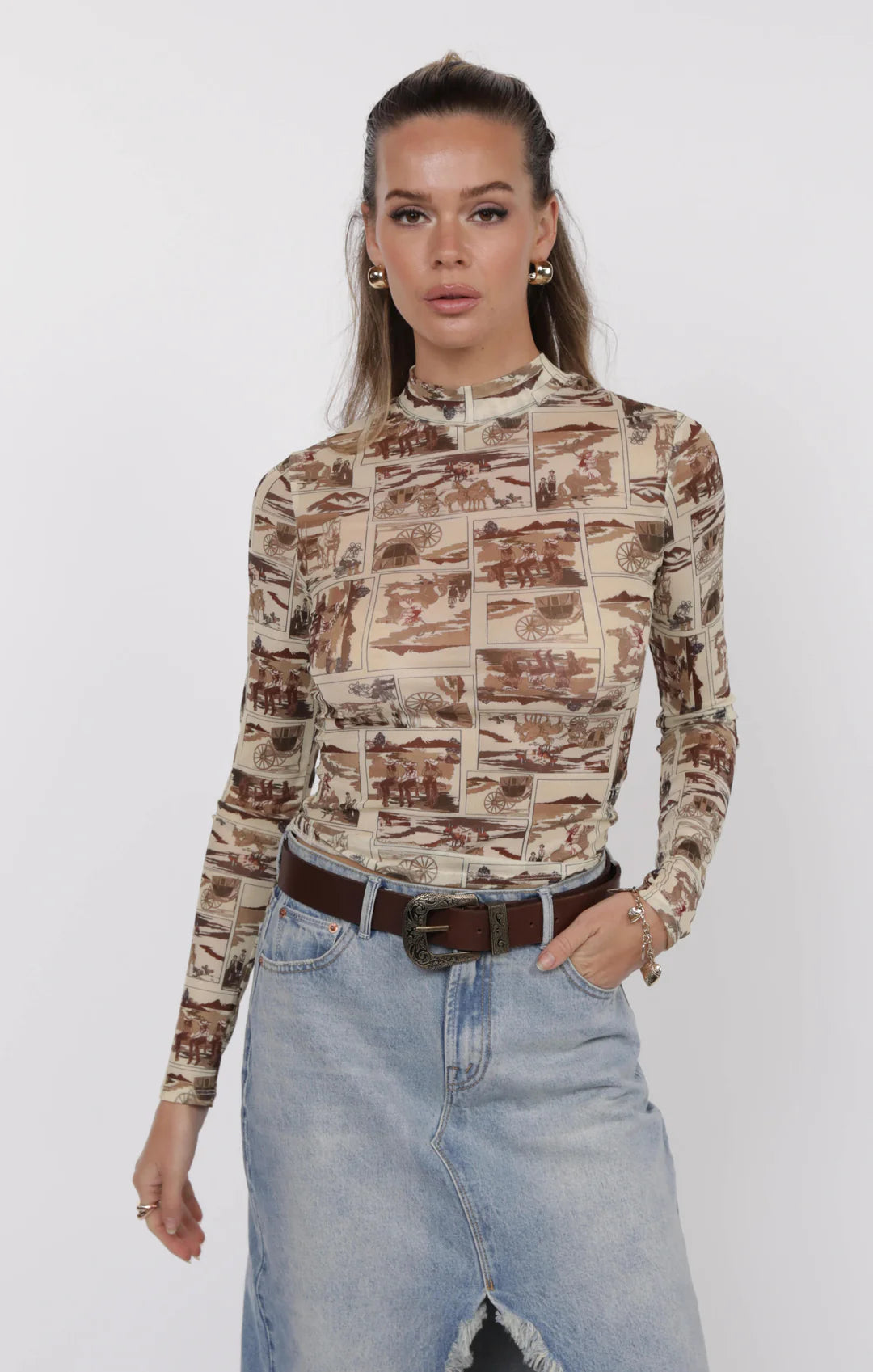 Giddy Up Mock Neck Long Sleeve Mesh Top - Brown