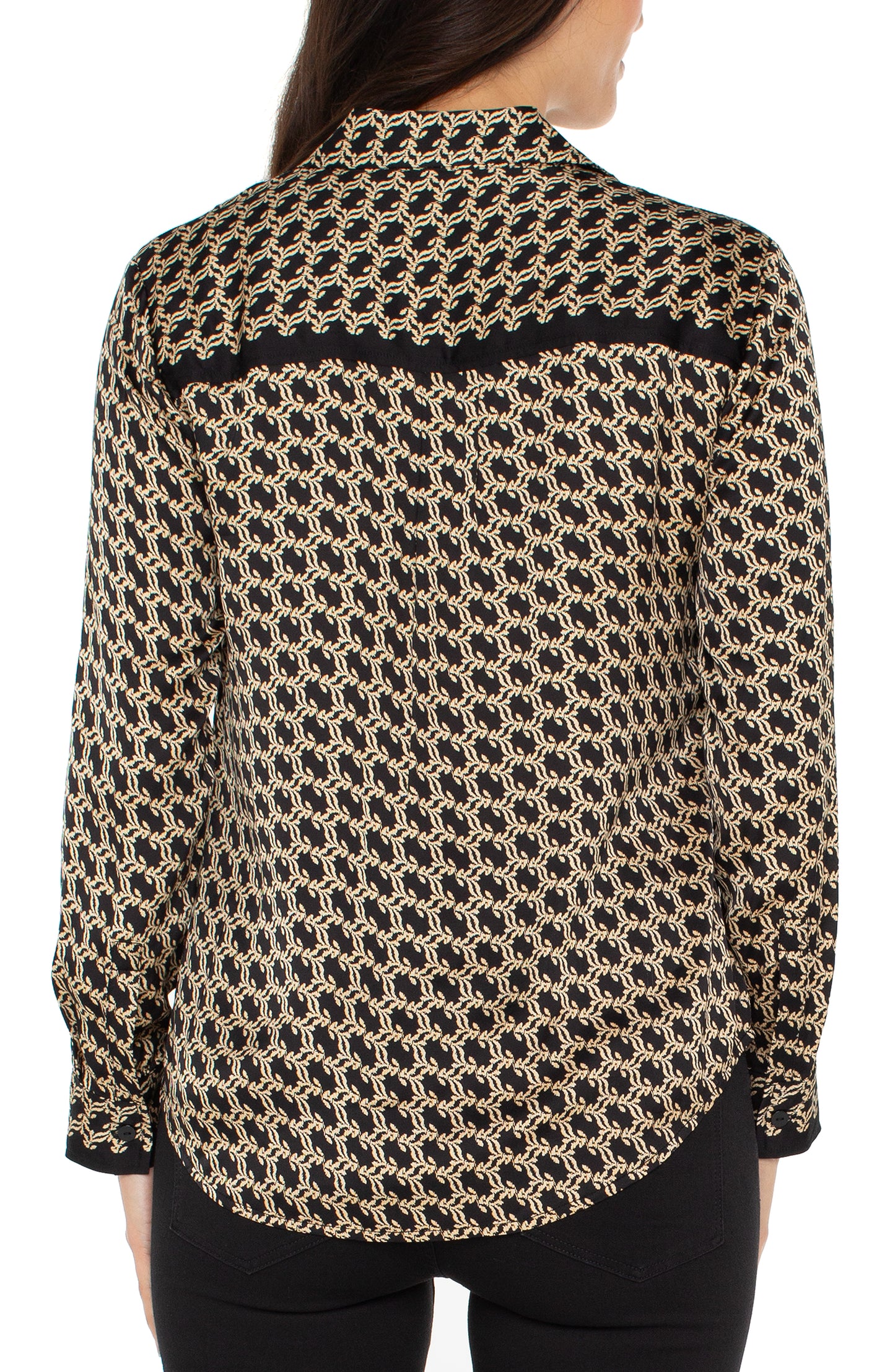 Long Sleeve Button Front Woven Shirt - Black Gold Combo - BAY WINDOW