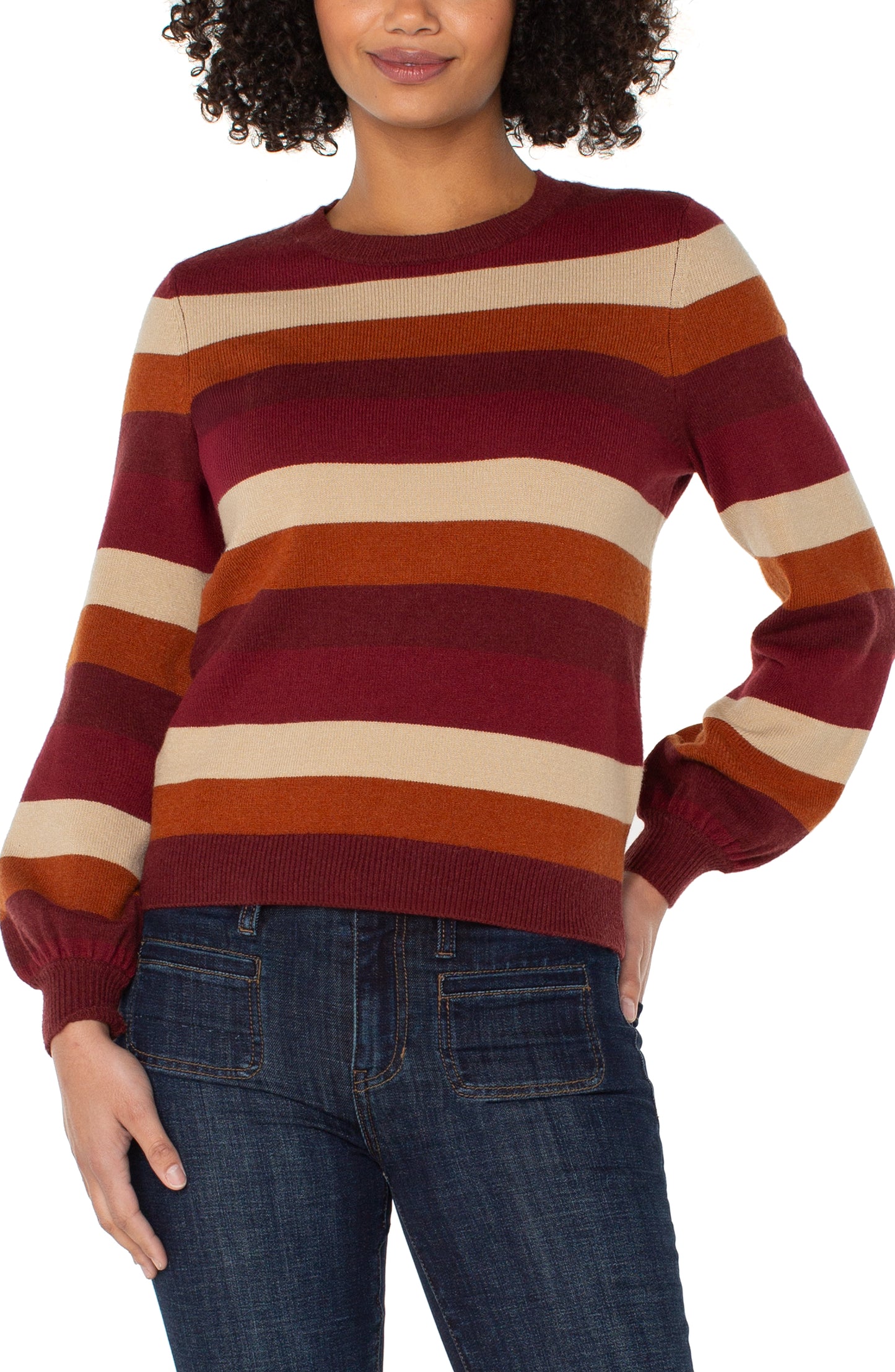 Long Sleeve Crew Neck Sweater - Burgundy Multi Stripe - BAY WINDOW