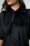 Elbow Length Puff Sleeve Button Front Woven Top - Black