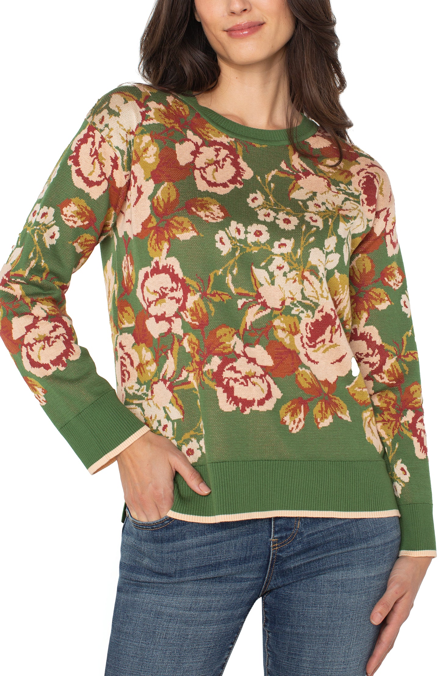 Long Sleeve Crew Neck Sweater - Green Multi Floral - BAY WINDOW