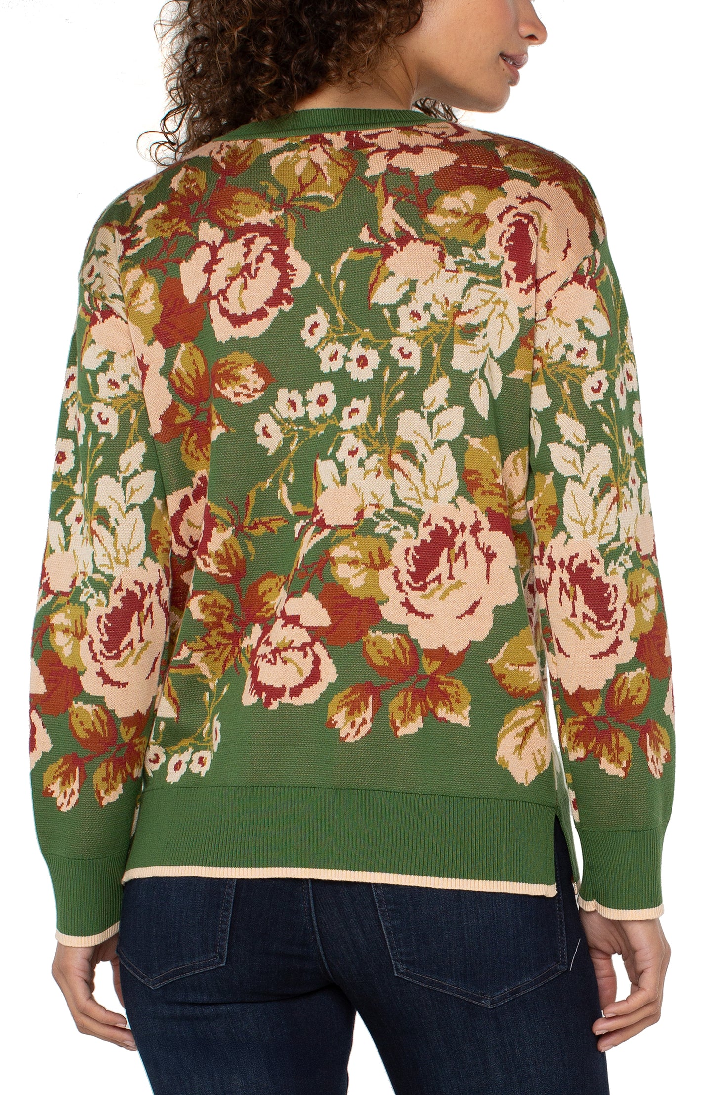 Long Sleeve Crew Neck Sweater - Green Multi Floral - BAY WINDOW