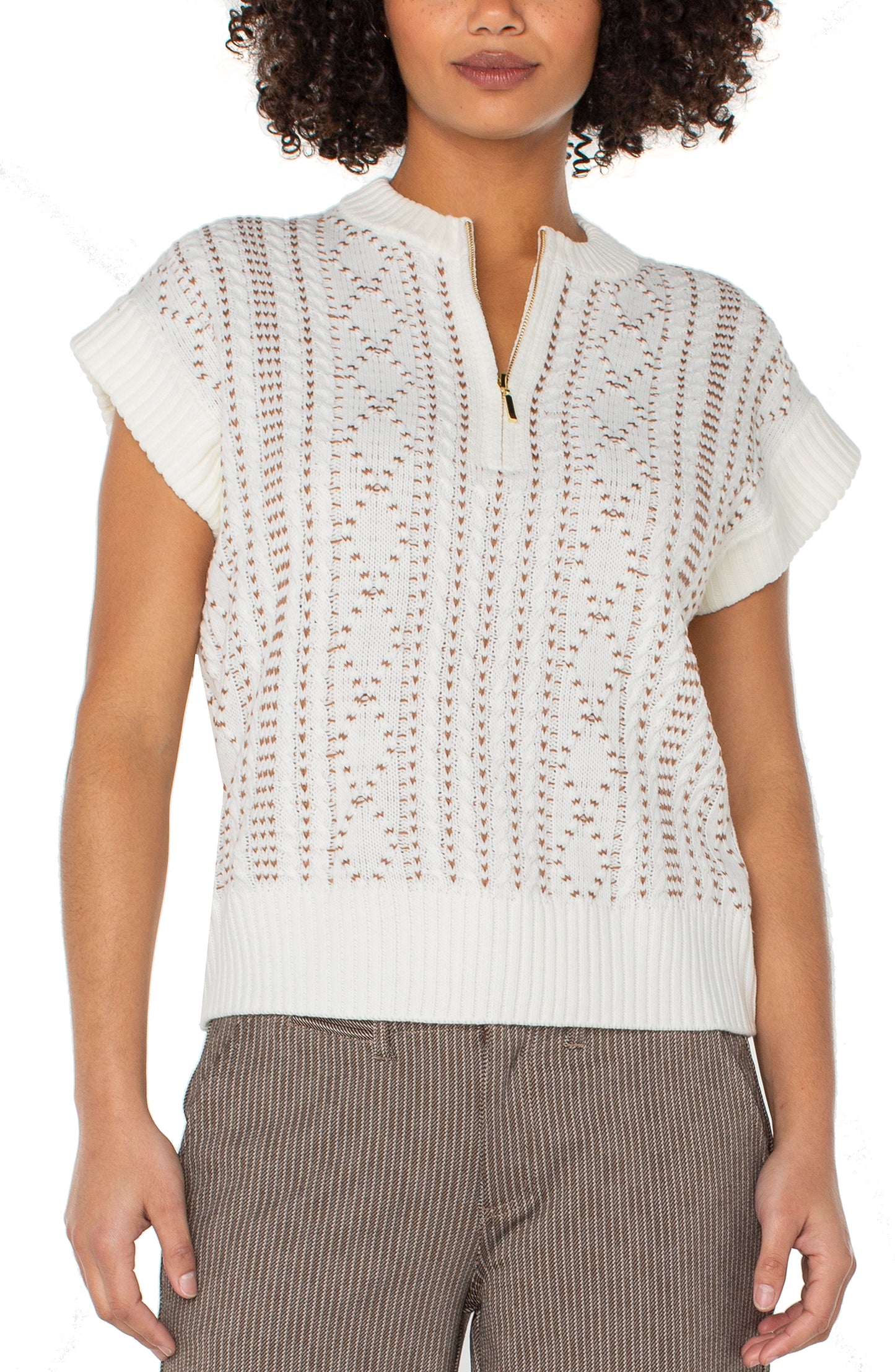 Cap Sleeve Dolman 1/2 Zip Sweater - Cream w/ Camel - BAY WINDOW