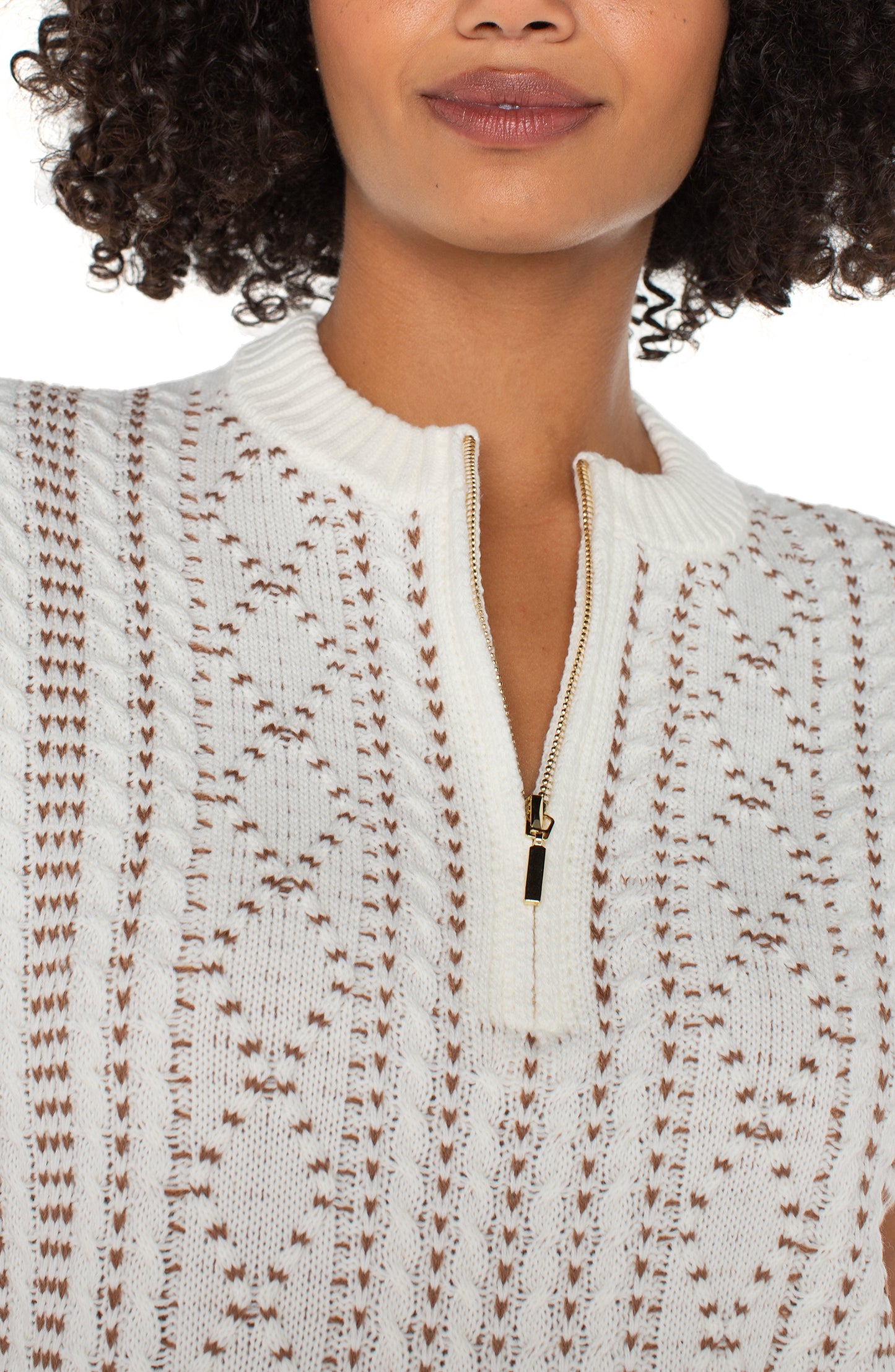 Cap Sleeve Dolman 1/2 Zip Sweater - Cream w/ Camel - BAY WINDOW