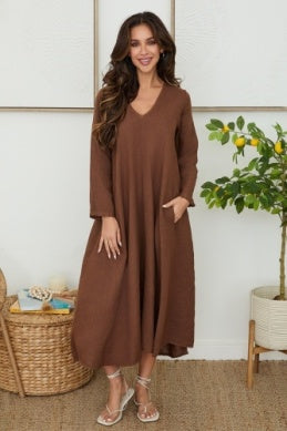 Linen L/S V-neck Maxi Dress