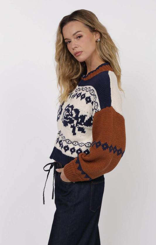 Sweet Rose Jacquard Zip Sweater Jacket - Ivory Multi - BAY WINDOW