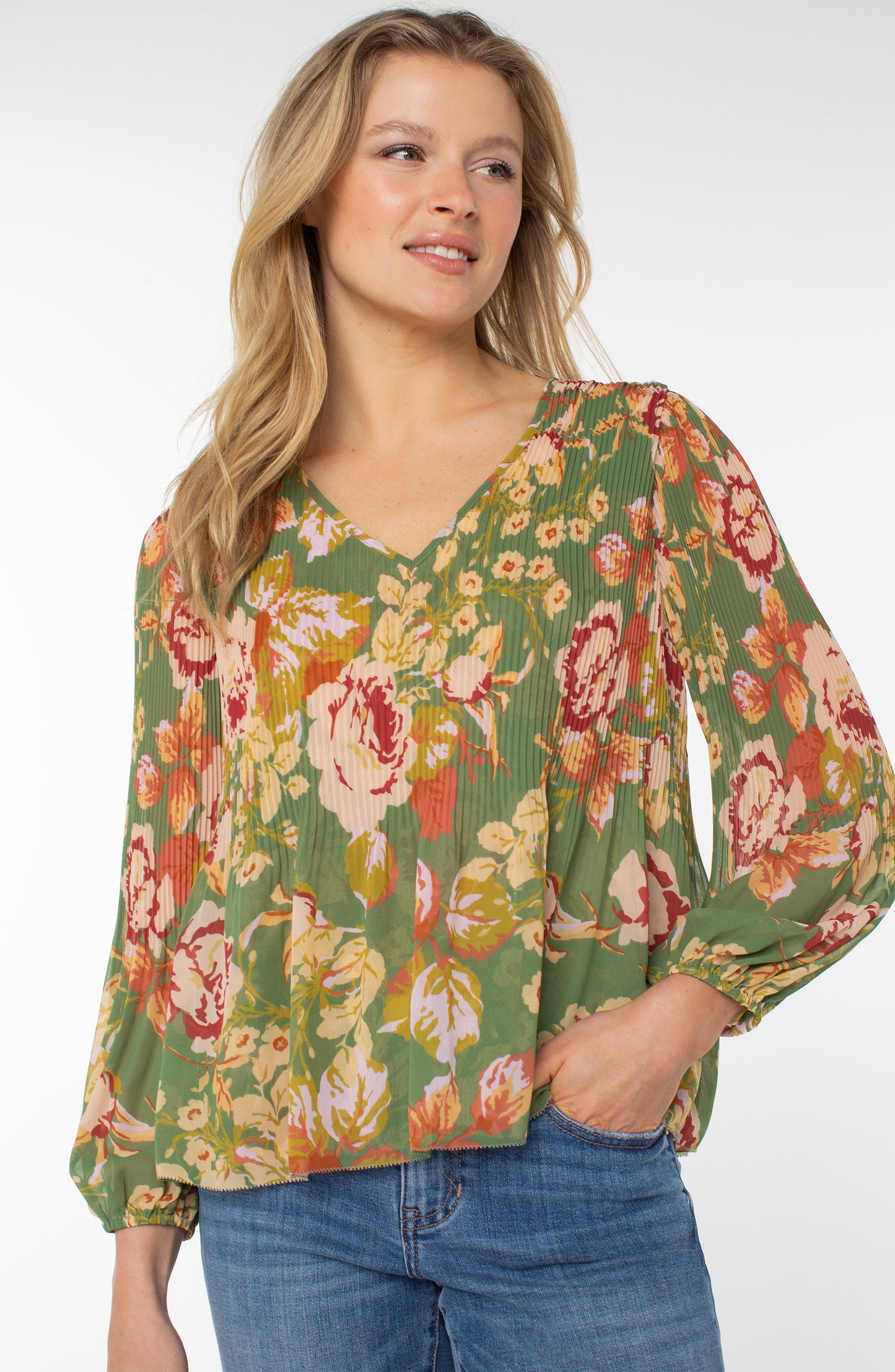 Long Sleeve V-Neck Pleated Top - Green Multi Floral - BAY WINDOW