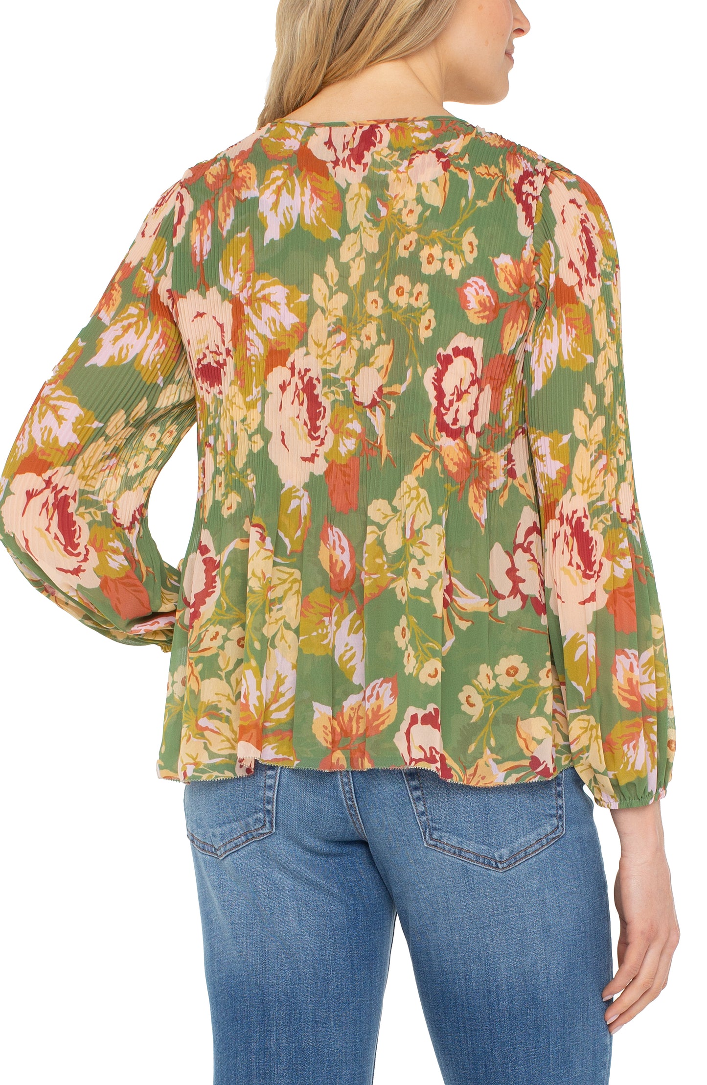 Long Sleeve V-Neck Pleated Top - Green Multi Floral - BAY WINDOW