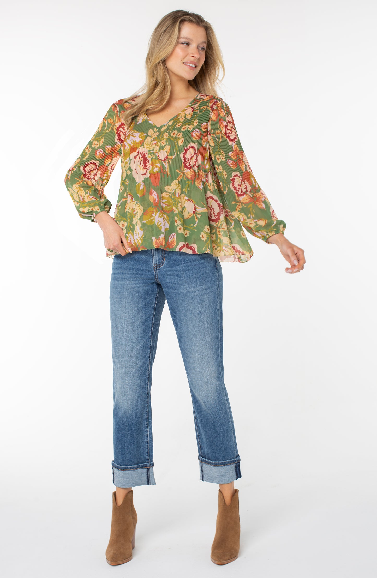 Long Sleeve V-Neck Pleated Top - Green Multi Floral - BAY WINDOW