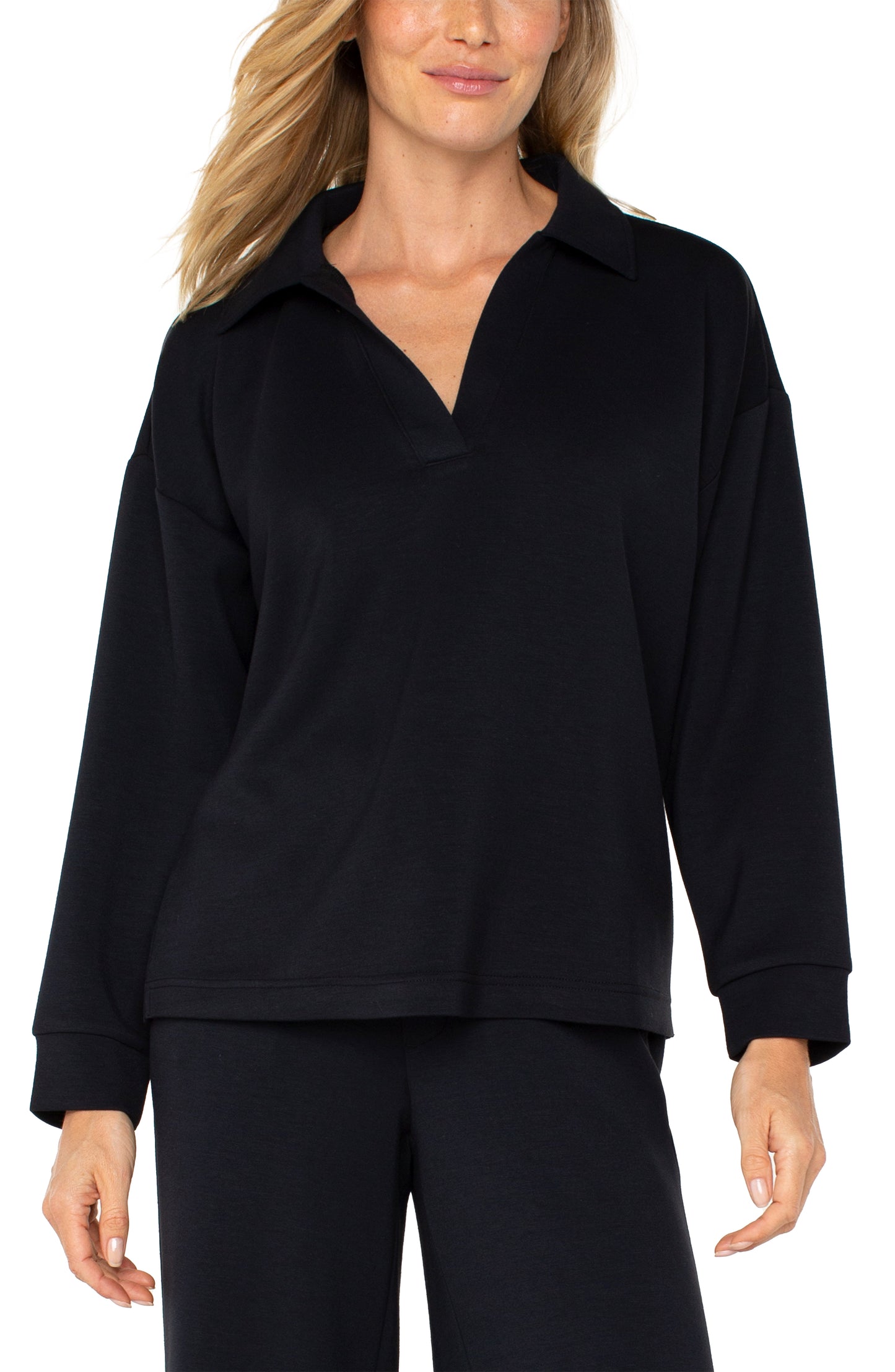 V-Neck Popover w/ Collar - Black