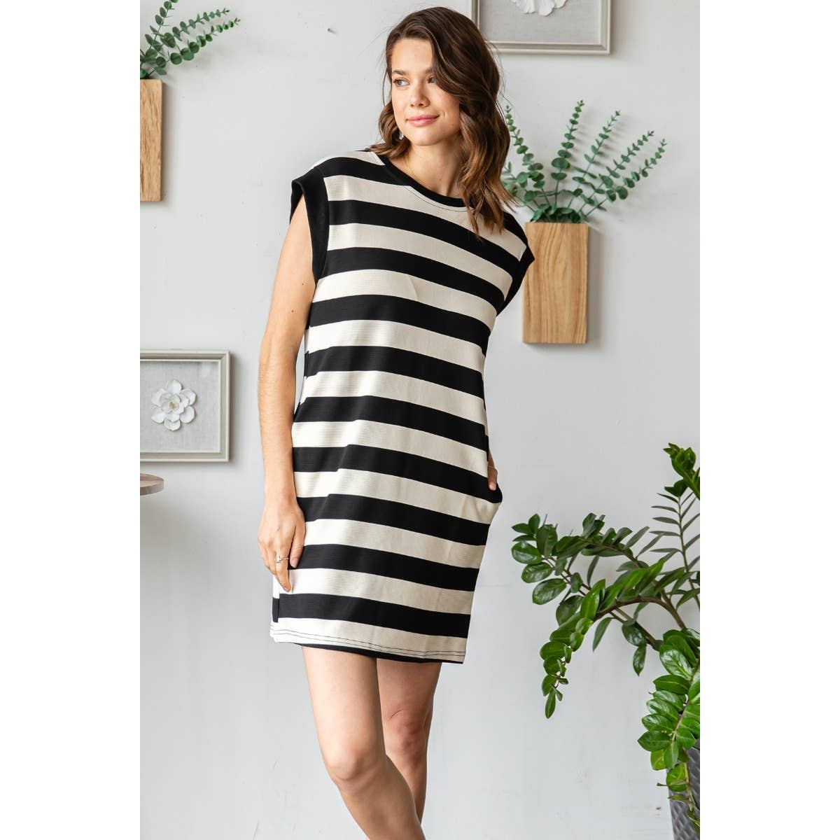 Bold Stripe Texture Knit Pullover Short Dress - BAY WINDOW