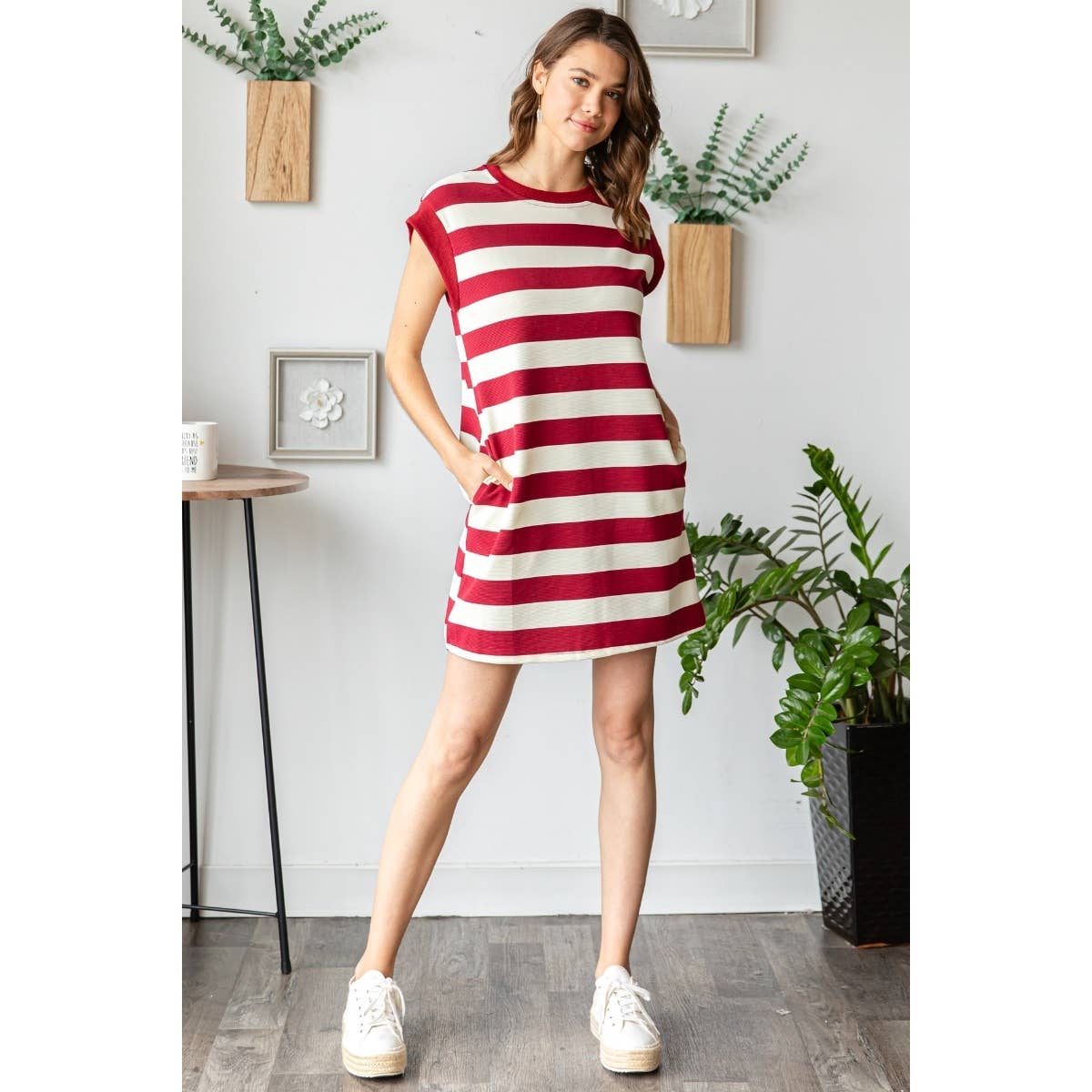 Bold Stripe Texture Knit Pullover Short Dress - BAY WINDOW