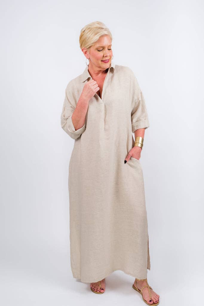 Fernanda Open Collar Linen Dress (DQ107)