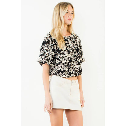 Puff Sleeve Floral Embroidery Detail Top