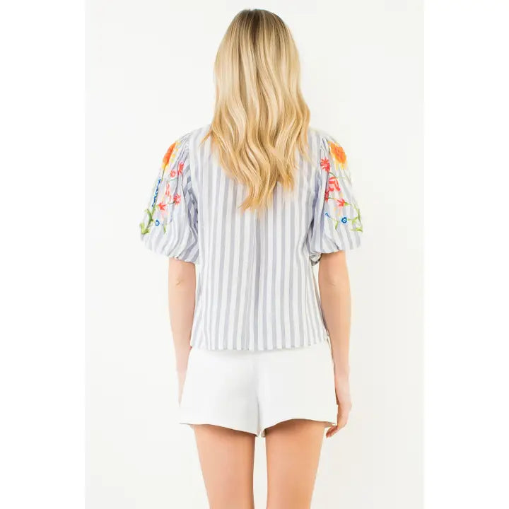 Embroidery Detail Puff Sleeve Striped Top - Blue