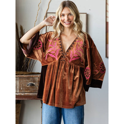 Vintage Embroidery Patch Velvet Top