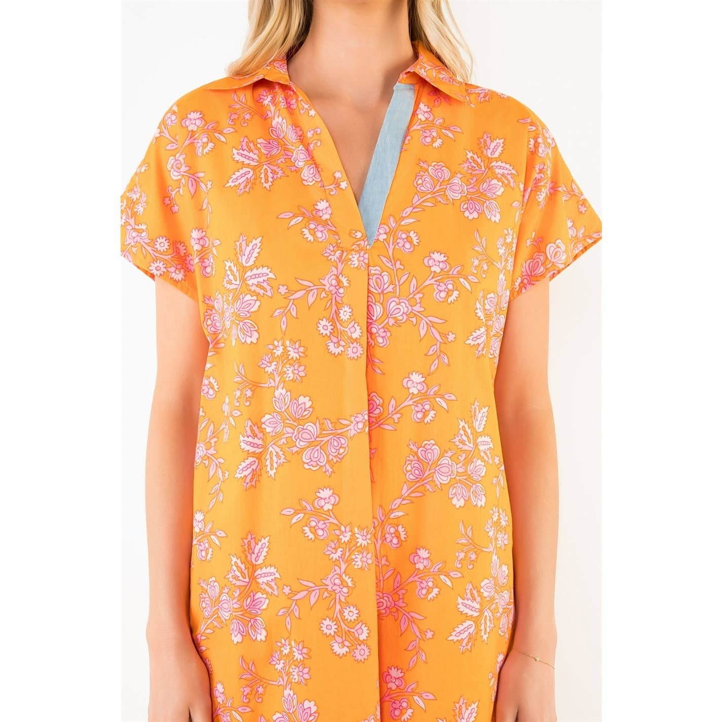 Short Sleeve Floral Pattern V-Neck Dress