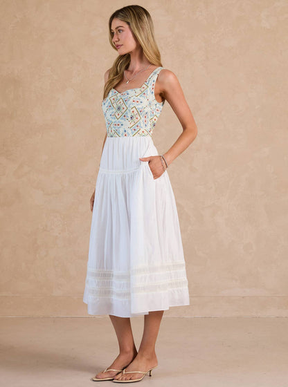 Embroidered Tiered Midi Dress