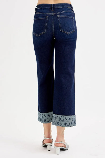 Slouchy Cropped Wide Jeans w/ Printed Cuffed Hem - Dark Wash