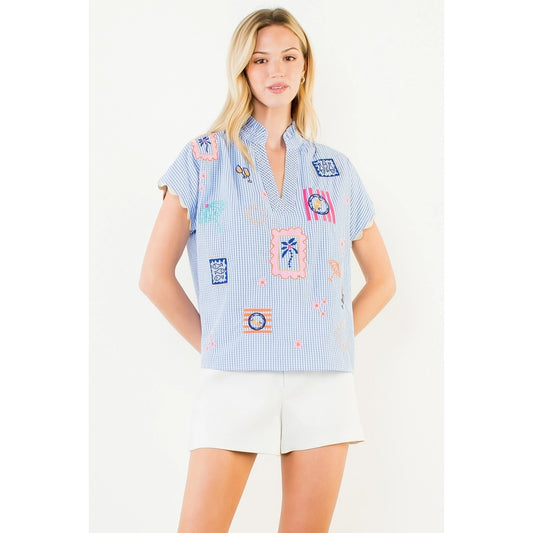 Short Sleeve Embroidery Detail Gingham Top - Blue