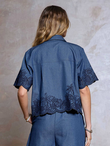 Denim Embroidered Cropped Shirt Top
