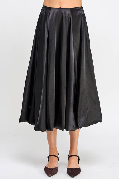 Satin Balloon Midi Skirt - Black