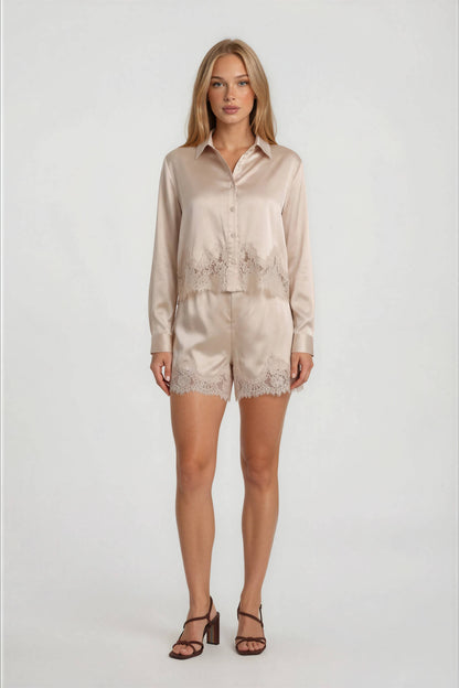 Satin Lace Trim Shorts-Champagne
