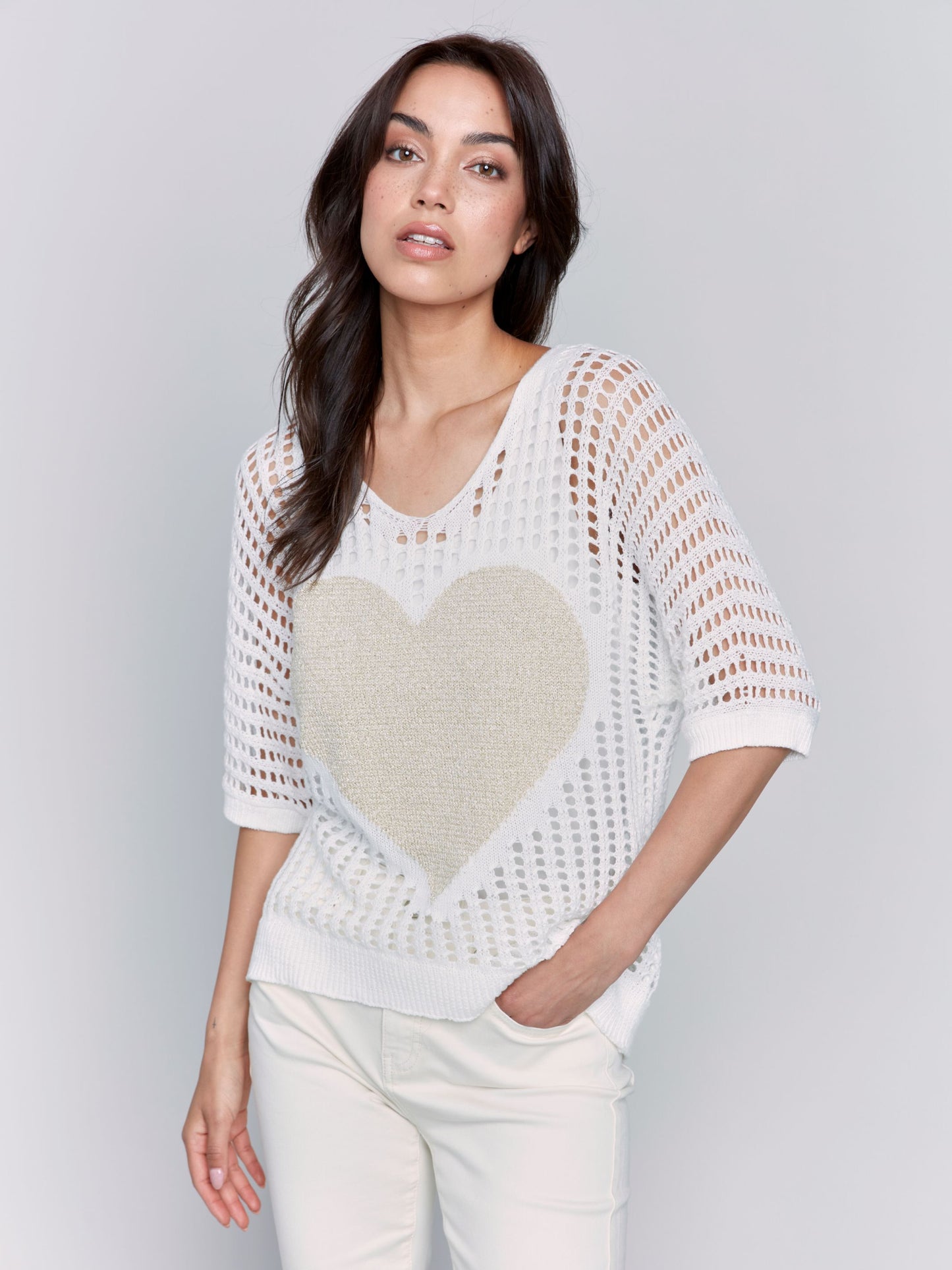 Fishnet V-Neck 3/4 Dolman Sleeve Sweater with Lurex Heart - White