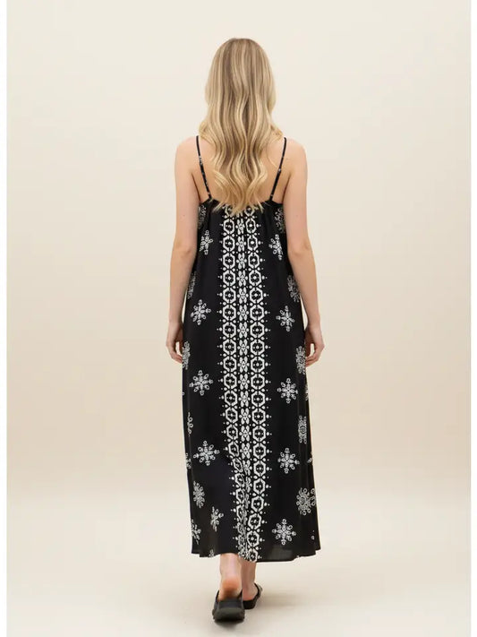Boader Printed A-Line Maxi Dress/Fully Lined - Black