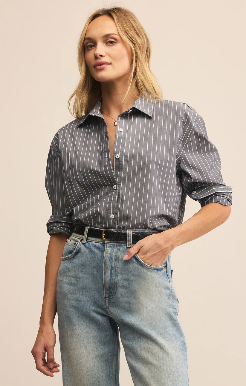 Seaport Striped Poplin Shirt - Washed Grey - BAY WINDOW
