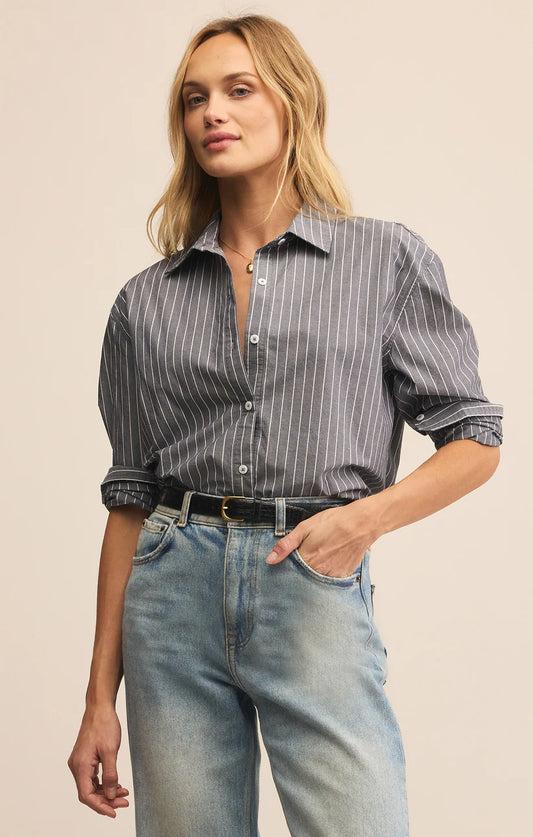 Seaport Striped Poplin Shirt - Washed Grey - BAY WINDOW