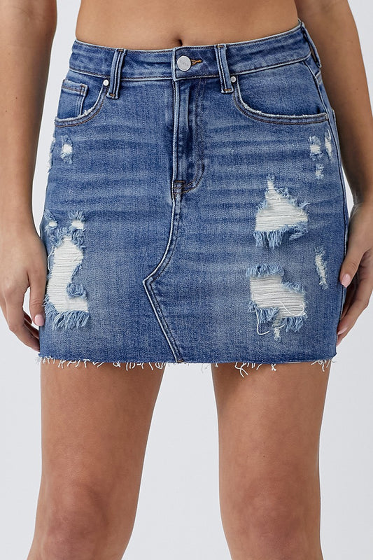 Distressed Mini Skirt - Dark Wash