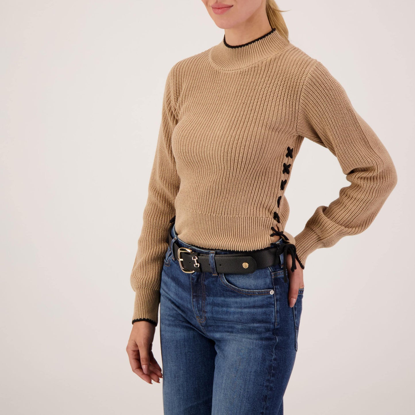 Mockneck Cable Knit Sweater - Puddle/Black