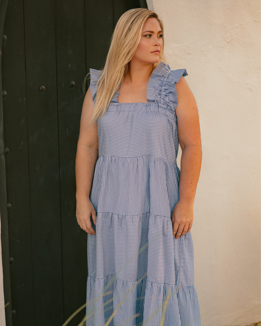 Flutter Sleeve Striped Tiered Dress
