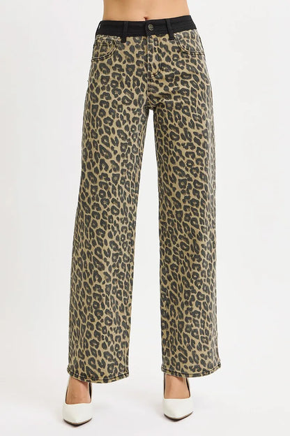 High Rise Wide Leg Leopard Printed Contrast WB Detail Pants - Coffee