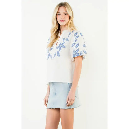 Puff Sleeve Floral Embroidery V-Neck Top - Cream