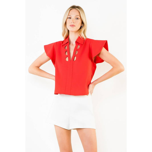 Short Sleeve Cut Out Detail Neckline Top