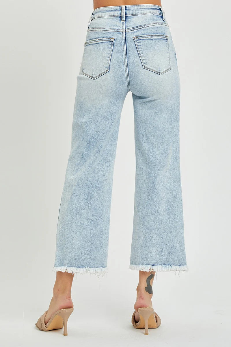 High Rise Crop Wide Leg Frayed Jeans (Light)