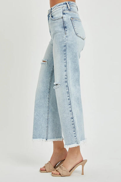 High Rise Crop Wide Leg Frayed Jeans (Light)