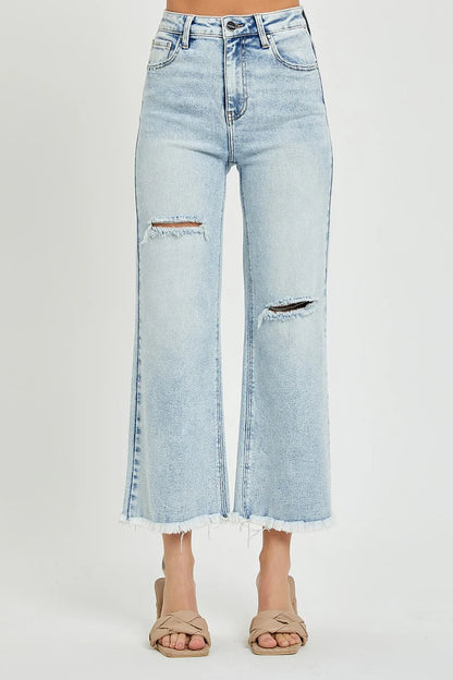 High Rise Crop Wide Leg Frayed Jeans (Light)