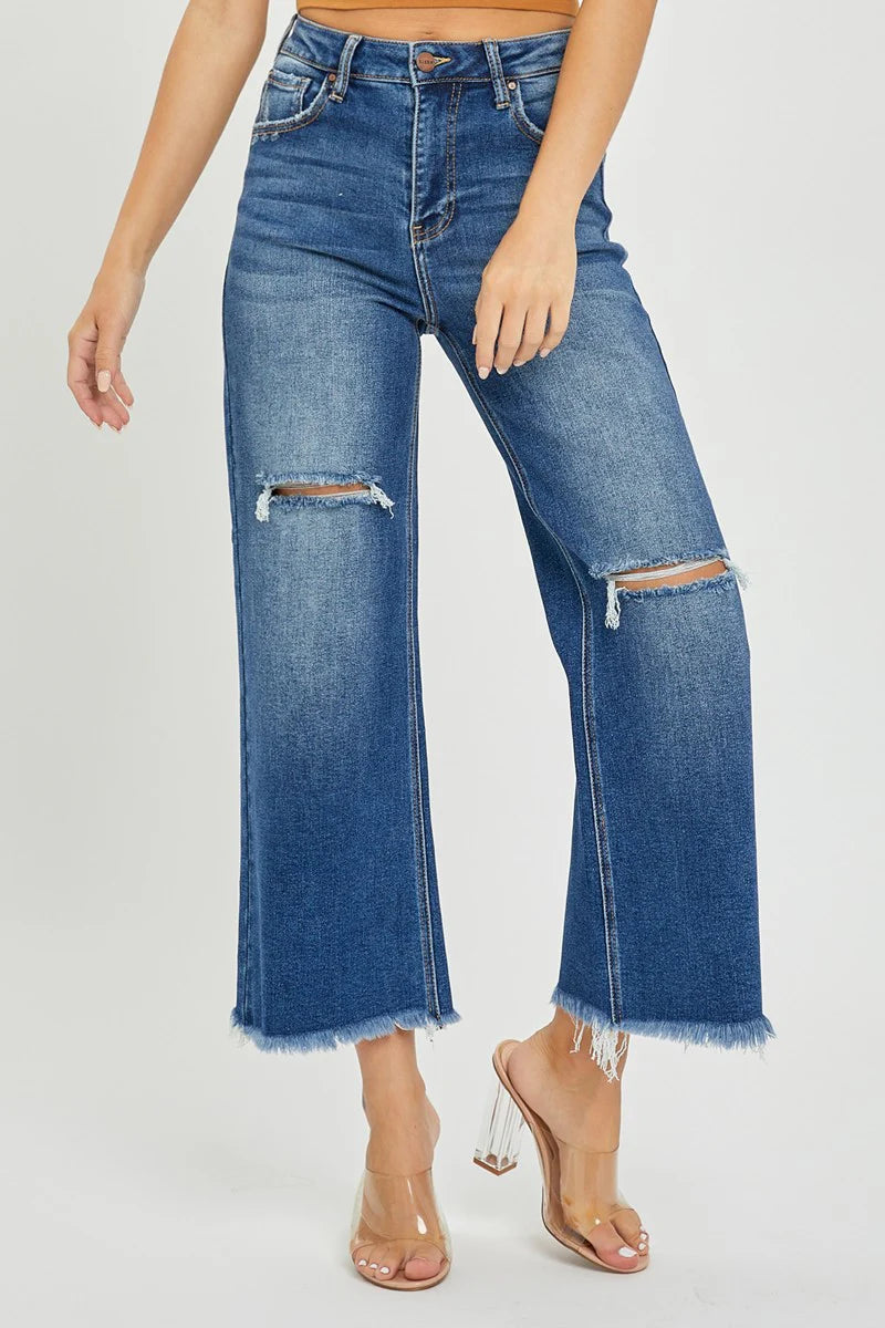 High Rise Cropped Wide Leg Frayed Jeans