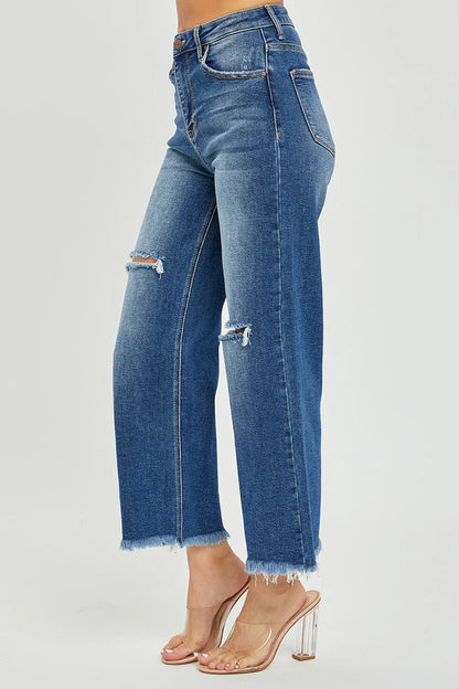 High Rise Cropped Wide Leg Frayed Jeans