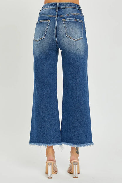 High Rise Cropped Wide Leg Frayed Jeans