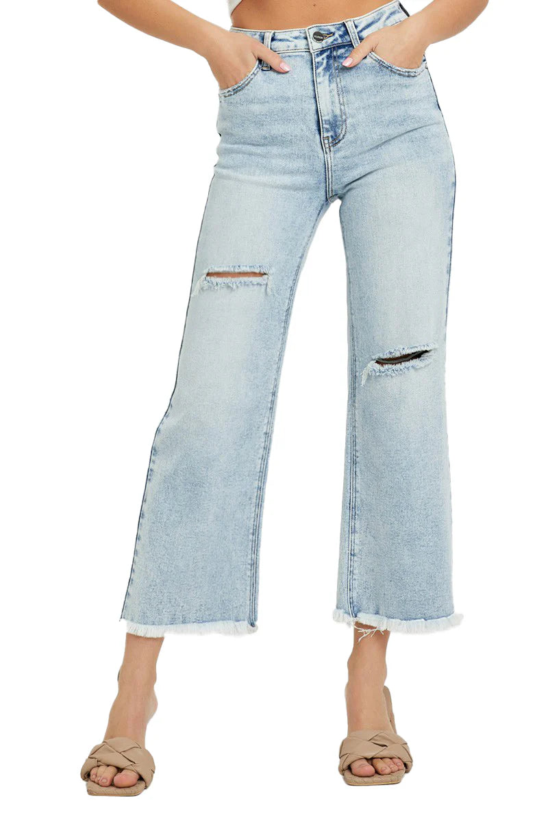 High Rise Crop Wide Leg Frayed Jeans (Light)