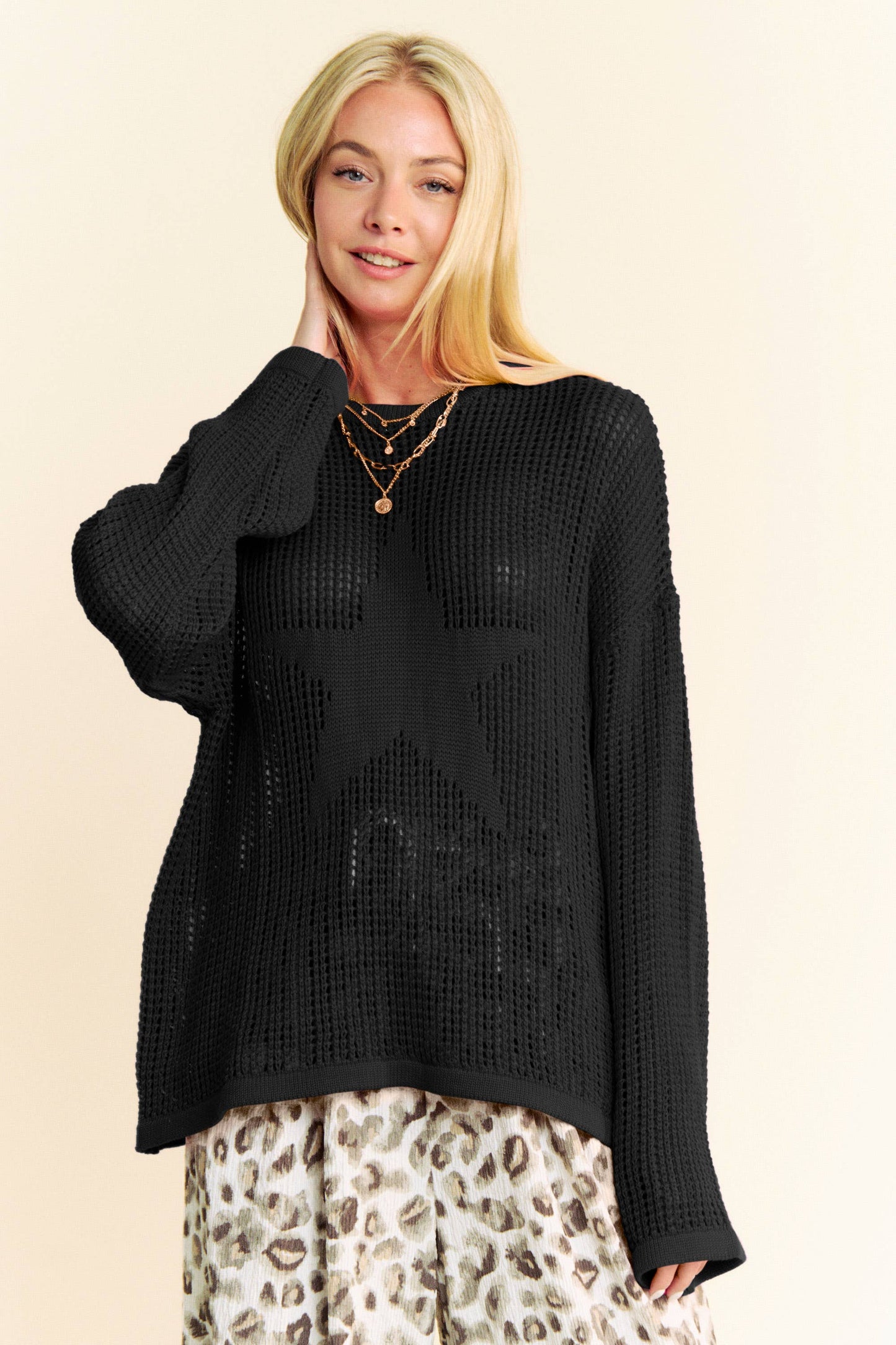 Star Front Light Weight Open Knit Pullover Sweater