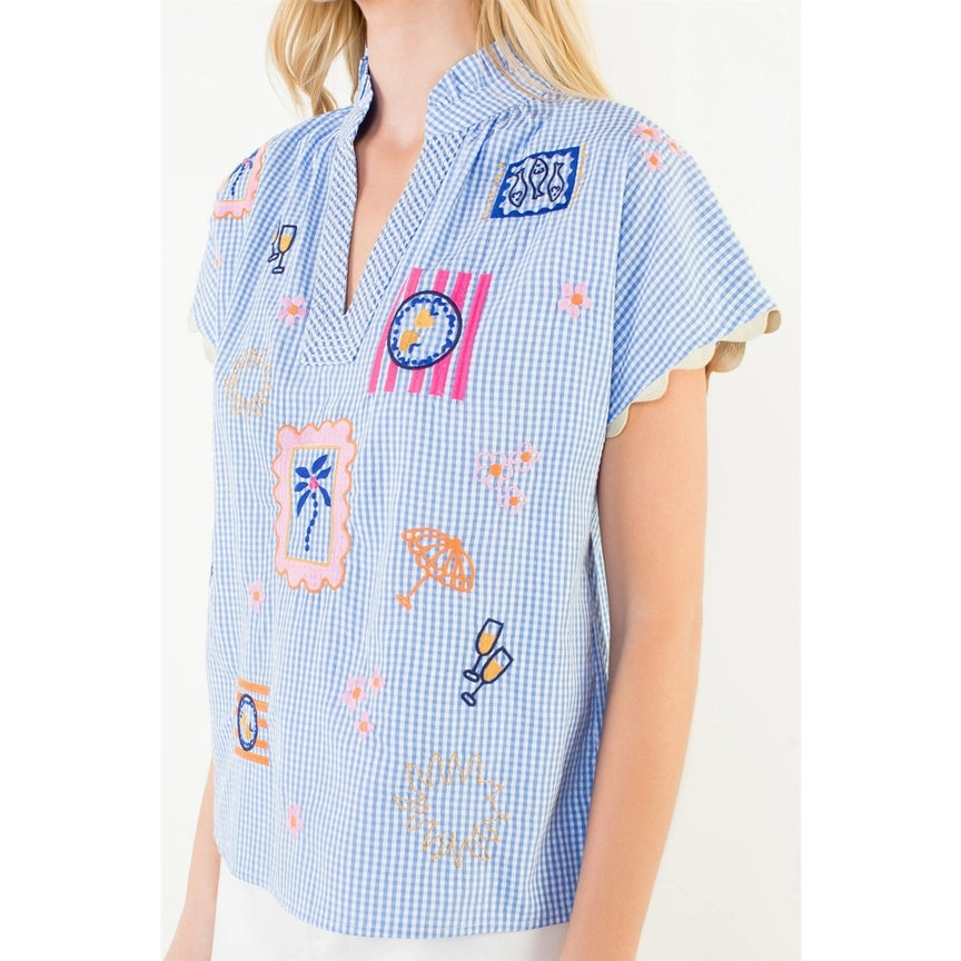 Short Sleeve Embroidery Detail Gingham Top - Blue